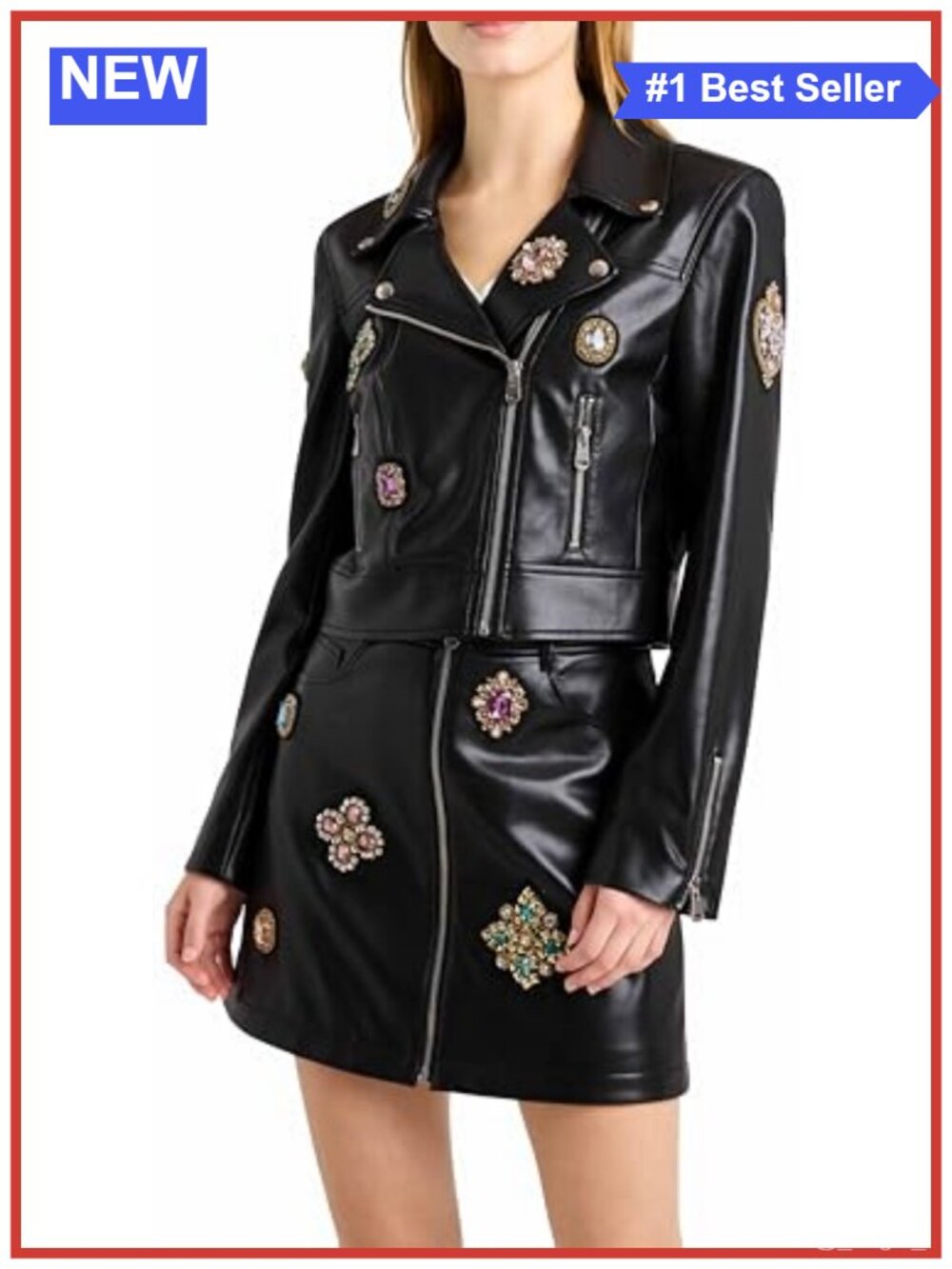 Faux Leather Baroque Patches Jacket Zip Front Embellished